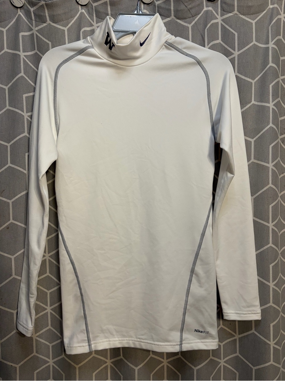 Nike White Long-Sleeve Performance Mock Neck Top with Gray Stitching